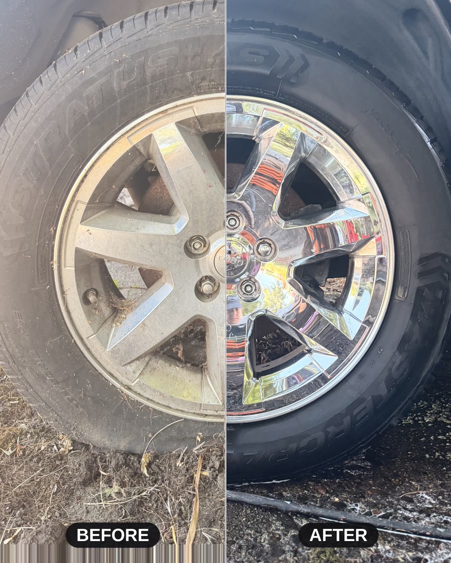 Split image of the same wheel, dull and dirty on one side, polished chrome on the other