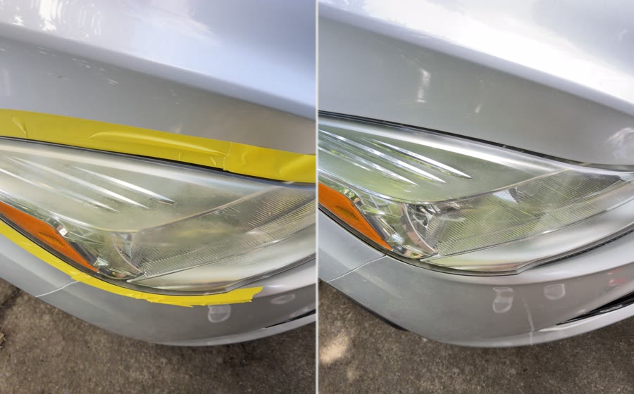 The same headlight taped up mid-restoration, then finished crystal clear