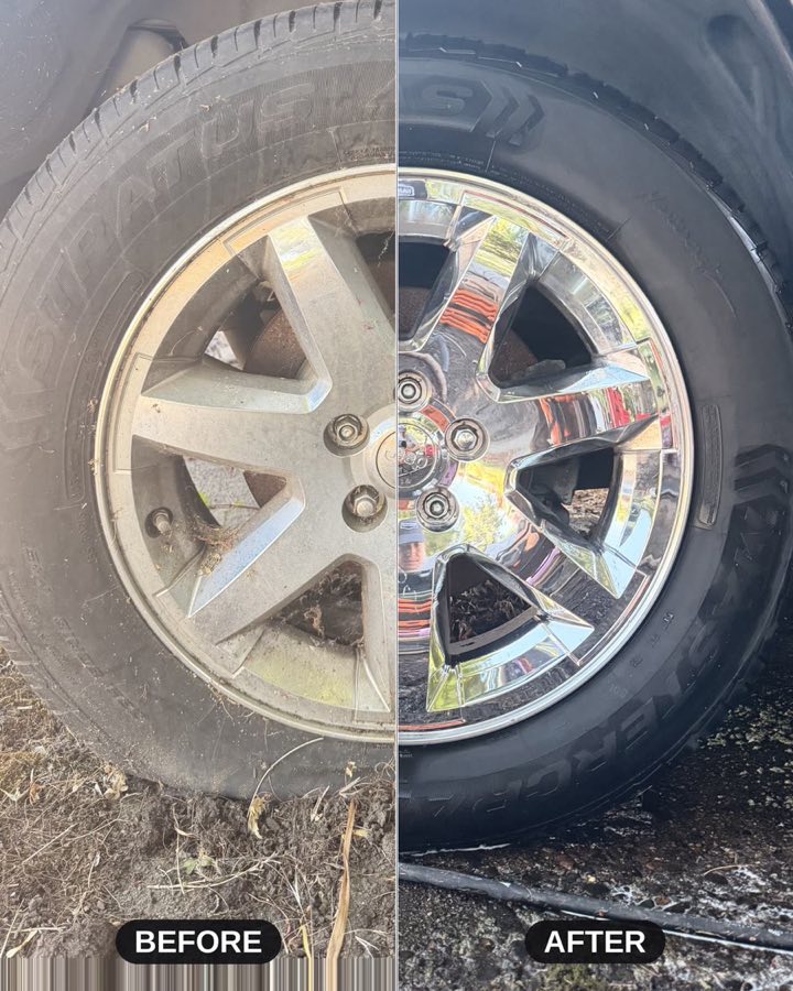 Wheel shown half cleaned and half untouched after decontamination
