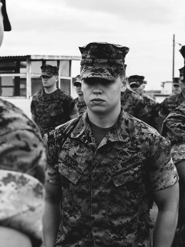 Chuck standing at attention in formation at Marine Corps boot camp